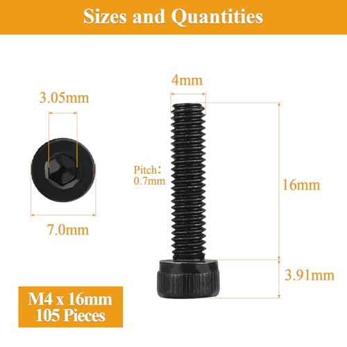 105 Pieces M4 x 16mm Socket Head Cap Screws, Thread Pitch 0.7mm, Sutemribor M4 Black Screws, 12.9 Grade Alloy Steel, Black Oxide Finish, Fully Threaded - size: M4 x 16mm, style: Socket Head