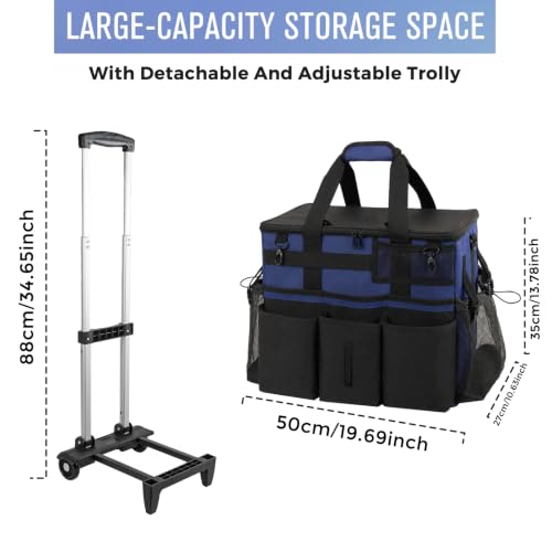 SCAVATA Rolling Cleaning Caddy Bag with Detachable Trolley, Large Cleaning Supplies Organizer with Wheels, Multi-Pocket Cleaning Cart with Adjustable Shoulder Strap for Housekeepers (NavyBlue) - color: NavyBlue