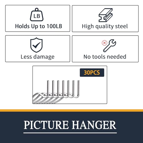 Picture Hanger Super Hook 30PCS,High-Quality Steel Picture Hanger Hercules Hooks,Used for Drywall, Wood Wall, Plaster Wall, can Hang Photos, Art, Clock, Mirror