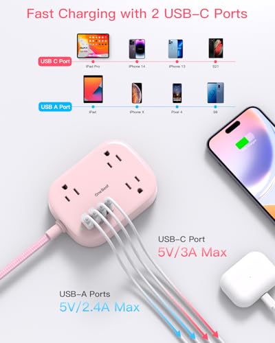 Cruise Essentials 2026,One Beat Travel Power Strip with USB C,Flat Plug 6ft - color: Pink, size: 6Ft