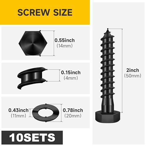 MYWISH (10Sets) 3/8" x 2" Hex Head Lag Bolts, Heavy Duty Lag Screws with Washers, 304 Stainless Steel Bolts 18-8, Lag Screws Wood Screws, Partial Thread Black Oxide, 3/8 Bolt - size: 3/8 x 2" (10 set)
