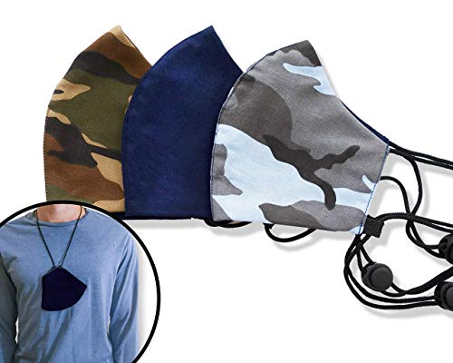 HOPE LOVE SHINE 3-Pack Reusable Face Masks with Lanyard – Camouflage Pattern – Breathable Cotton, Adjustable & Washable Cloth Masks for Adults, Unisex