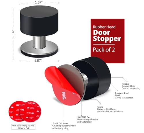2 Pack Door Stoppers Stop with Extra Stickers, Self-Adhesive Door Stops with Black Rubber Bumper & Stainless Steel Body - Heavy Duty Door Knob Wall Protector Sound Dampening for Home & Office Use - style: 2 Pack Black