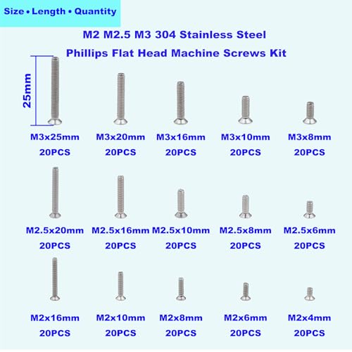 300PCS Metric M2 M2.5 M3 304 SS Phillips Flat Head Machine Screws Kit - size: M2M2.5M3