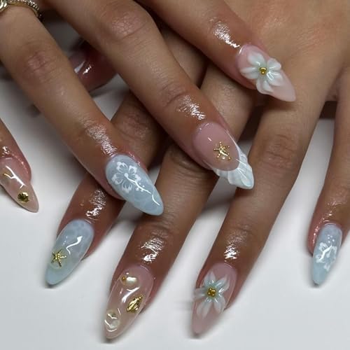 Spring Summer Blue 3D Star Flower Press On Nails, Medium Almond Shape, Ocean Shell French Tip Acrylic Fake Nails, Salon Quality Reusable Floral False Nails for Women Girls, Beach & Daily Wear - color: LF-3720, size: 24 Pieces (Pack of 1)