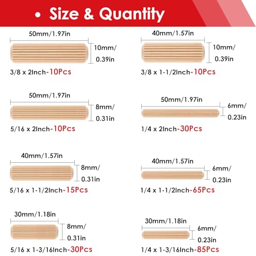 smseace 255Pcs Wooden Dowel Pins - 8 Sizes 1/4Inch 5/16Inch 3/8Inch Fluted Wooden Dowel Kit for Crafts, Furniture, Door, DIY - size: 255Pcs - 8 Sizes