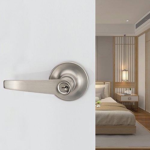 1 Pack of MANREN Lever Keyed Entry Door Lever Handle Lock, Universal Door Knob Hardware,Nickel Brushed Color (MR802ET) - color: Nickel Brushed, style: Entrance