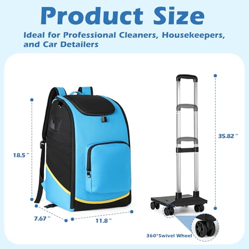 Rolling Cleaning Caddy Bag with Wheels, Large Cleaning Supplies Organizer Backpack with Detachable Trolley and Cleaning Apron for Housekeepers, Home, Hotel & Car Detailing - color: A02-blue