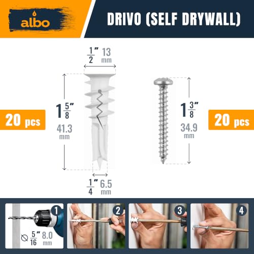 ALBO Drywall Anchor Kit with Screws - 120 Pcs Hollow Wall Set (Grey Butterfly, White Butterfly, Self Drilling, Screws) - Plastic Anchors for Drilling Hollow Walls - color: Kit 3in1
