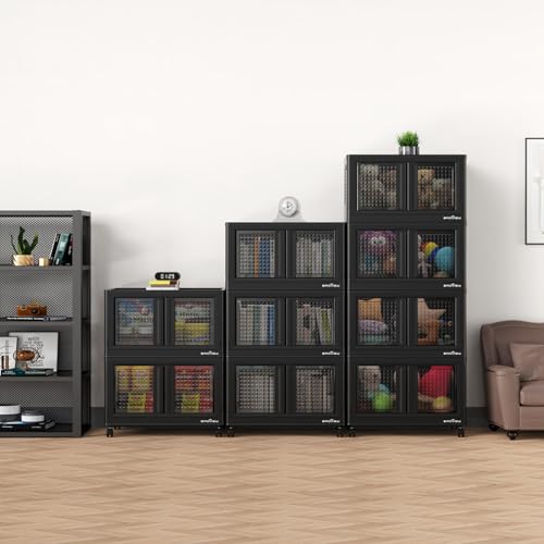BROVIEW 320Qt Storage Bins with Lids, 80Gal Plastic Stackable Collapsible Storage Bins with Doors Wheels, Closet Organizers and Storage, Foldable Box Cabinet for Home Office Garage, 4Pack Black Cube