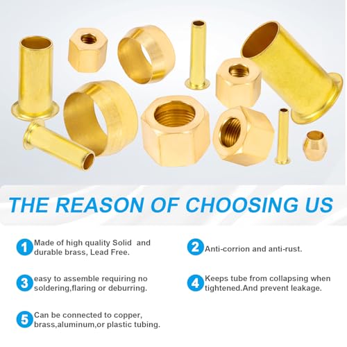 1/4 Inch OD Brass Compression Insert,Sleeve Ferrule,Nut 50PCS - size: 50 pcs, 1/4"