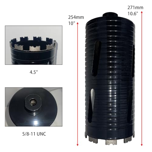Core Drill Bits 4 1/2 inch Diameter 10in/254mm Drilling Depth Concrete Laser-Welded for Concrete with Rebar Brick Block Masonry Two 5/8-11" Thread Adapters - size: 4 1/2 inch | 114mm