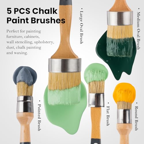 Chalk Paint Brush, Wax Paint Brush Set of 5, Natural Bristle - size: 1 Large + 1 Medium + 3 Small, 5 Pack