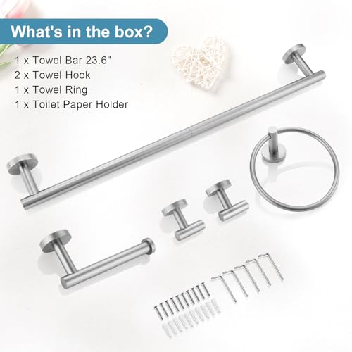 TQKAG Bathroom Towel Bar Holder Sets Brushed Nickel 23.6 Inch Round Stainless Steel Towel Bar Set 5 Piece Bathroom Accessory Set Wall Mounted - color: Brushed Nickel, size: 5-Pieces Set