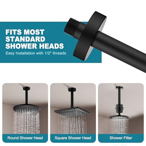 BRIGHT SHOWERS Shower Arm with Flange for Rainfall Shower Head, 6 Inch Ceiling Mount Straight Arm, Replacement Extension Pipe, Heavy-Duty Stainless Steel, Rust-Resistant, 1/2" NPT, Matte Black - color: Matte Black, style: 6 Inch