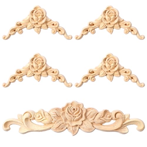 5PCS Wooden Rose Appliques Onlays Set, Unpainted Wood Carved Wall Decor for Furniture, Decorative Rose Wooden Onlay for Bed Door Wall Cabinet Wardrobe, Home Embellishments for Craft DIY Projects