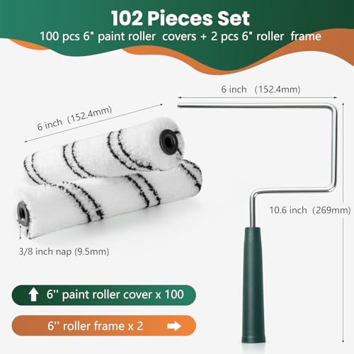 Paint Roller Covers, 100 Pack, 6 Inch, 3/8 Inch Nap - size: 6 inch paint roller 100 pack