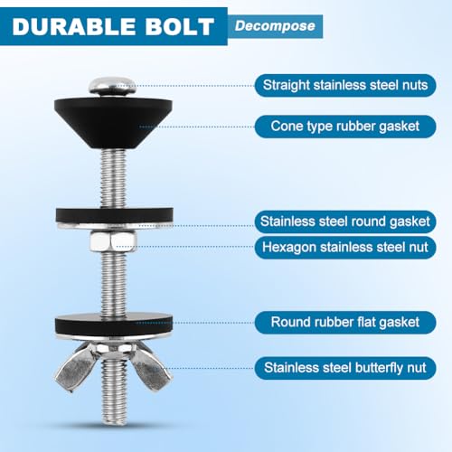 Universal Toilet Tank to Bowl Gasket & Bolts Kit, 4 Sets 5/16"x3.15" Stainless Steel Bolts, Heavy Duty Rustproof Hardware for Most 2-Inch & 3-Inch Flush Valve Toilet Tanks
