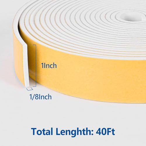 Kikerike Self Adhesive Foam Tape Weatherstrip 1in x 1/8in x 40Ft High Density Foam Insulation Strips Seal Weather Stripping with Strong Adhesive for Door and Window Sound Isolation Soundproofing - size: 1in x 1/8in x 40Ft