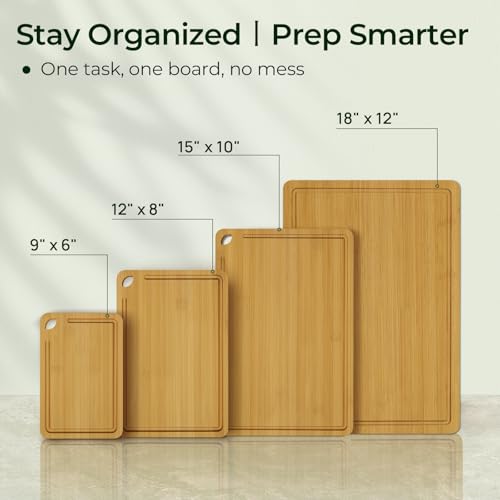 Keechee Kitchen Tools 4-Pcs Natural Bamboo Cutting Board Set With Non-Slip Design For Meat, Veggies & Cheese(4Pcs) - color: Bamboo, size: 4-Piece