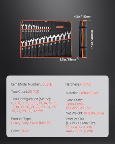 VEVOR 25-Piece Metric Combination Wrench Set, 6-32mm, Open End, Carbon Steel, with Roll-up Pouch, Ideal for Household, Garage, Workshop, Auto Repairs - size: 25PCS (Metric), style: Regular