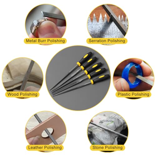 Mini Metal Needle File Set, 5pcs, Small Hand Files Set for Detail and Precise Work, Hardened Alloy Strength Steel File Tools Includes Round, Bi Half-Round, Flat, Square, Triangular File