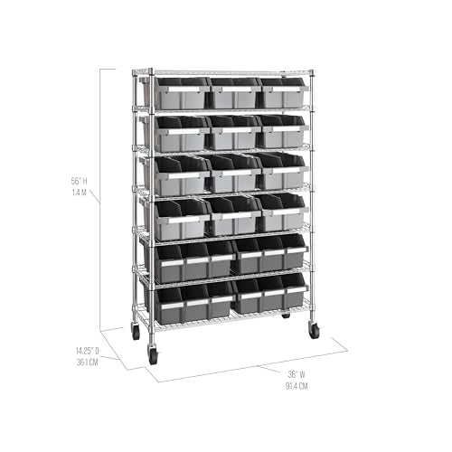7-Tier NSF 16-Bin Steel Wire Shelving Rack, 36"W x 14"D x 56"H, Gray | 16 slide-out bins with tilt-lock design keep supplies organized and accessible - color: Gray, size: Includes 16 Bins