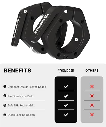 DMoose Fitness Barbell Clips 2 Inch (Pair) - Quick Release Olympic Barbell Clamps & Collars with Anti Slip TPR Grip for Secure Weightlifting and Powerlifting - Weight Clips for Bars at Home or Gym - color: Black, style: Non Magnetic