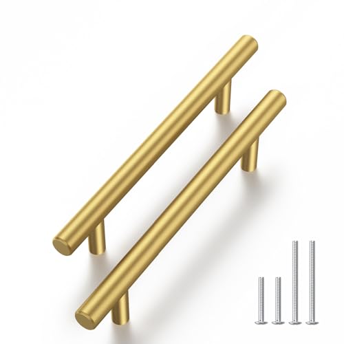 Haliwu 30 Pack 3-3/4in Gold Cabinet Handles for Kitchen Cabinet Handles | Stainless Steel, Gold Handles for Cabinets, Round T-Bar Shape, Brushed Gold Cabinet Pulls, Screws Included - size: 3-3/4 Inch hole center
