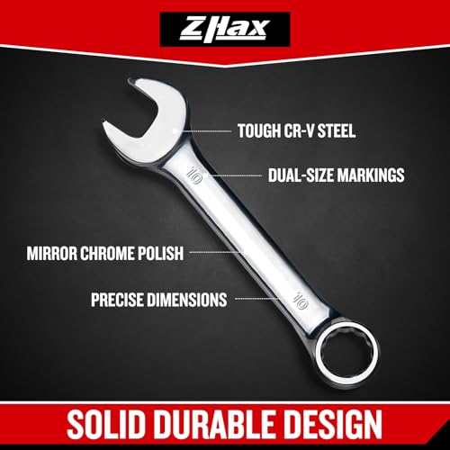 zhax 10mm Metric Stubby Combination Wrench, 12 Point Box End, 15 Degree Offset Design, Mirror Polish Finish, Forged CR V Steel, Hand Tools for Mechanics, Ideal for Auto and Home Repair - size: 10mm