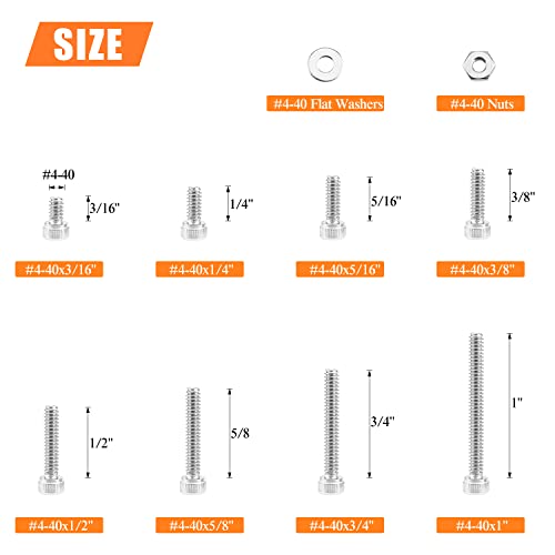 HELIFOUNER 250 Pieces #4-40 x 3/16" 1/4" 5/16" 3/8" 1/2" 5/8" 3/4" 1", Hex Socket Head Cap Screws Bolts Washers Nuts Kit, Coarse Thread, Fully Machine Threaded, 304 Stainless Steel - size: #4-40, style: Socket Head