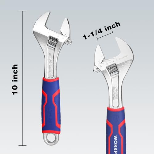 WORKPRO 10-Inch Adjustable Wrench, Wide Jaw, Metric/SAE Scales - size: 10 inch