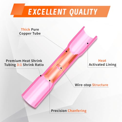 50pcs 14-12 Gauge Heat Shrink Butt Connectors 14-12 AWG Heat Shrink Butt Splice Marine Grade Insulated Waterproof Electrical Crimp Wire Connectors,Pure Copper Butt Splice for 14-12 Gauge Wire - size: 14-12 AWG