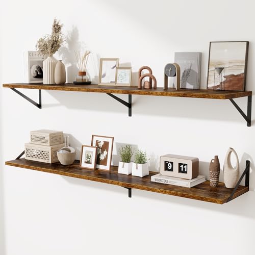 Acovy Deep Floating Shelves,55" Wx10 D Wood Wall Shelves Set of 2,Long Wood Floating Shelf with Metal Brackets,Floating Bookshelf for Living Room,Kitchen,Office,Bedroom,Decor Storage,Rustic Brown - color: Rustic Brown, size: 55"Wx10"D-2pcs