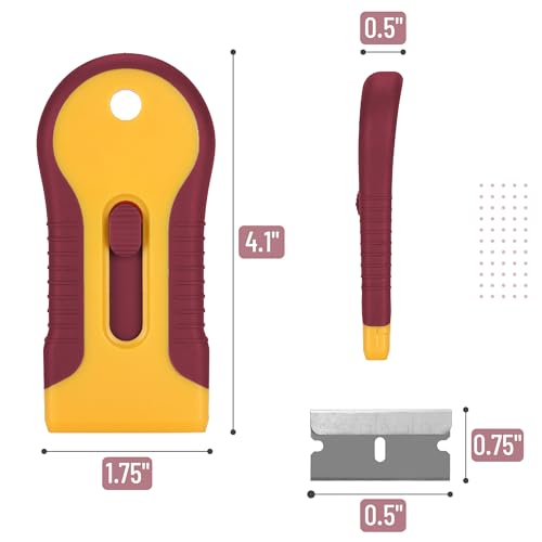 Bates- Razor Blade Scraper Tool, 2 Pack, 30 Extra Steel Blades, Anti-Slip Ergonomic Handle Design, Razor Scraper Set for Cleaning Window, Paint, Oven, Glass, Stove - color: Yellow and Red