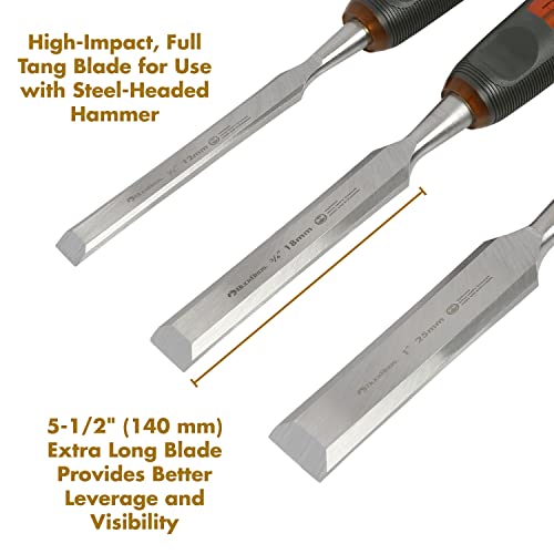 Buck Bros. 74830 3-Pc Wood Chisel Set, Full Tang Wood Chisel Sets, Woodworking Tools for Carpentry, Trim, and DIY Projects, Beveled Edge Chisels, Hardened Steel Blades, Non-Slip Handles - size: 1/2", 3/4", and 1"