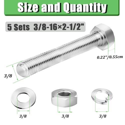 5 Sets 3/8-16 × 2-1/2" Stainless Steel Hex Head Screws Bolts, Nuts, Flat & Lock Washers,18-8(304) Full Thread - color: Silver, size: 3/8-16×2-1/2" (5 Sets)