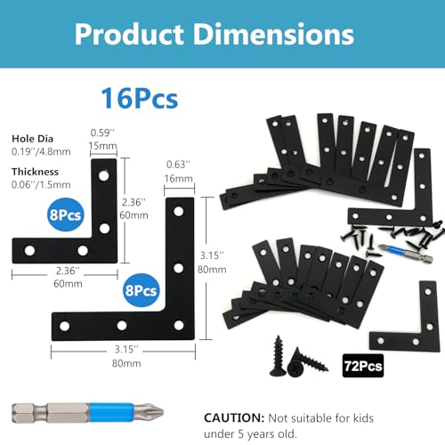 QSJ 16 Pcs L Flat Straight Brackets Corner Bracket Set 8Pcs 2.36''/8Pcs 3.15'' Bracket Brace Mending Plate Stainless Steel for Wood - size: Black, 2.36x2.36'' & 3.15x3.15''