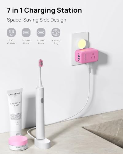 TROND Outlet Extender with USB C, 3 AC Outlet Splitter with 360 Rotation - color: Pink, size: 3 Prong-1 Pack