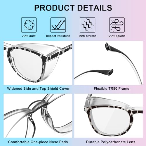 OXG 3 Pack Stylish Safety Glasses, ANSI Z87+ Anti Fog Safety Goggles Blue Light Blocking Protective Eyewear for Nurses - color: Leopard+rianbow+pink