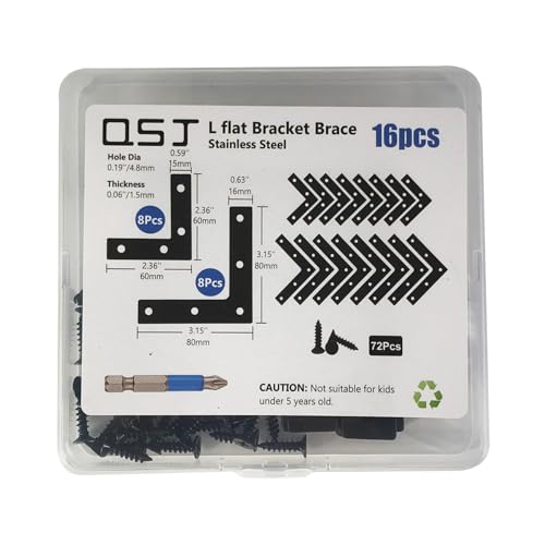 QSJ 16 Pcs L Flat Straight Brackets Corner Bracket Set 8Pcs 2.36''/8Pcs 3.15'' Bracket Brace Mending Plate Stainless Steel for Wood - size: Black, 2.36x2.36'' & 3.15x3.15''