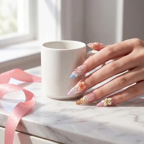 Summer Press On Nails Medium Almond with French Tip Flower Rhinestones - color: Style18