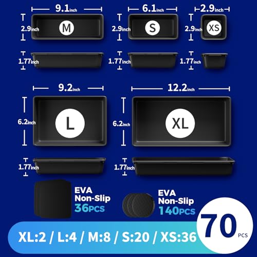 70 PCS Tool Box Organizer Tray & Desk Drawer Organizer Set, 5 Size Interlocking Bins for Garage Tool Storage, Mechanic Tool Chest, Rolling Cart, Workbench Drawers with EVA Non Slip Pads - color: 70PCS_5SIZE_Black