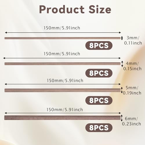 32 Pcs Walnut Dowel Rods 4 Size Unfinished Round Hardwood Sticks 6 Inch Long Dowel Rods 3/4/5/6mm Wood Sticks for Building Model Macrame DIY Craft - Coconut Brown