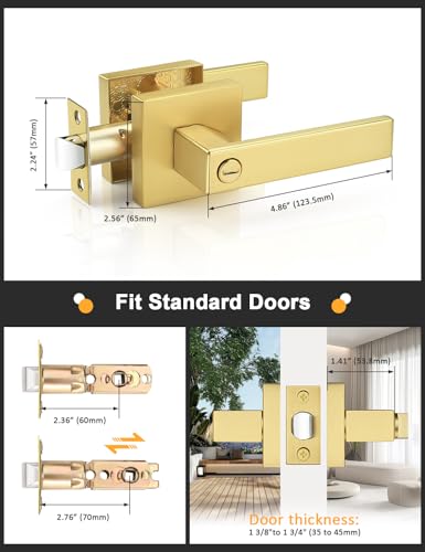 Gobrico 1 Pack Heavy Duty Gold Square Privacy Interior Door Levers, Satin Brass Finish, Bedroom and Bathroom Door Handles Keyless Bed/Bath Lockset - color: Brushed Gold