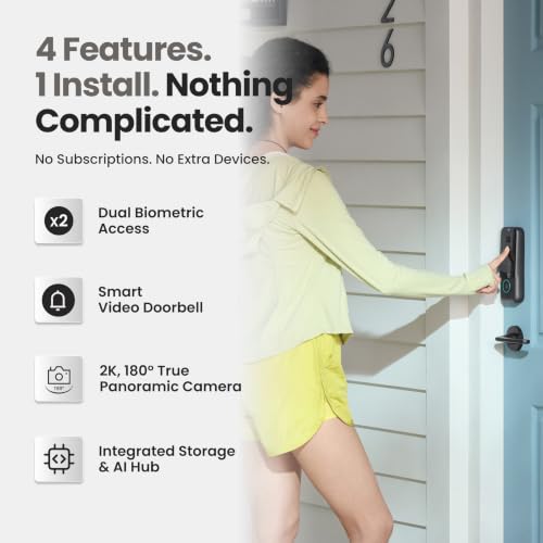 Lockin Veno Plus - All-in-One Smart Lock - Palm Vein & Fingerprint Keyless Entry - 2K 180° Ultra-Wide Camera, Night Vision, Built-in WiFi & 8GB Storage - No Monthly Fee - Dual Batteries | Palm Vein and Fingerprint Keyless Entry, 2K 180° Ultra-Wide Camera,