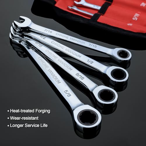 Egofine 8-Piece Ratcheting Wrench Set, Cr-V Steel SAE Wrench Set from 1/4" to 11/16", 72 Teeth Ratchet Wrench, 12 Point Open End & Box End Combination wrench set with Roll Up Pouch - size: SAE-8 piece set