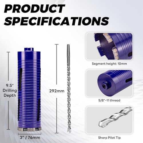 3" Core Drill Bit with Pilot Bit & Adapters(SDS Plus and 1/2" Hex), 5/8"-11 Thread, 9.5" Depth, Upgraded-Welded Segments Diamond Core Bits for Concrete, Masonry, Brick Block - size: 3"