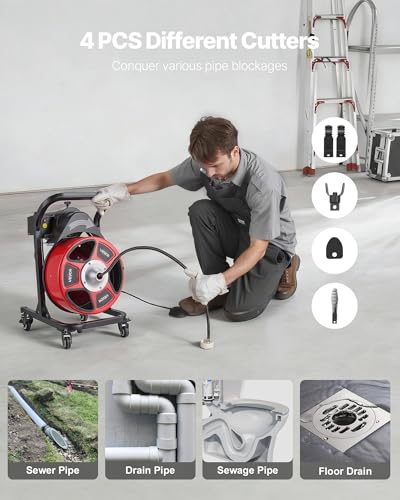 VEVOR Drain Cleaner Machine 50 FT x 1/2 Inch Manual Feed Sewer Snake Auger - style: 50 FT x 1/2'' with Wheels