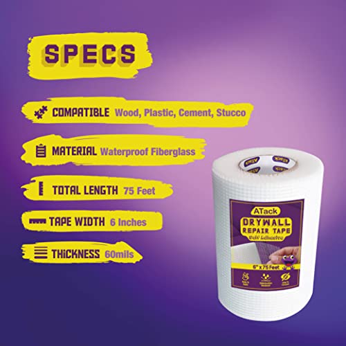 ATack Fiberglass Drywall Repair Tape, 6-Inch by 75-Foot, Heavy-Duty Self-Adhesive Wall Crack and Seam Patch
